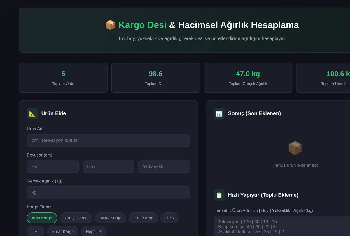 Kargo Desi & Hacimsel Ağırlık Hesaplama Aracı ekran görüntüsü