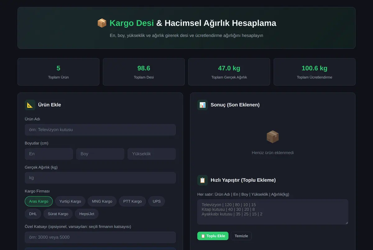 Kargo Desi & Hacimsel Ağırlık Hesaplama Aracı ekran görüntüsü 2