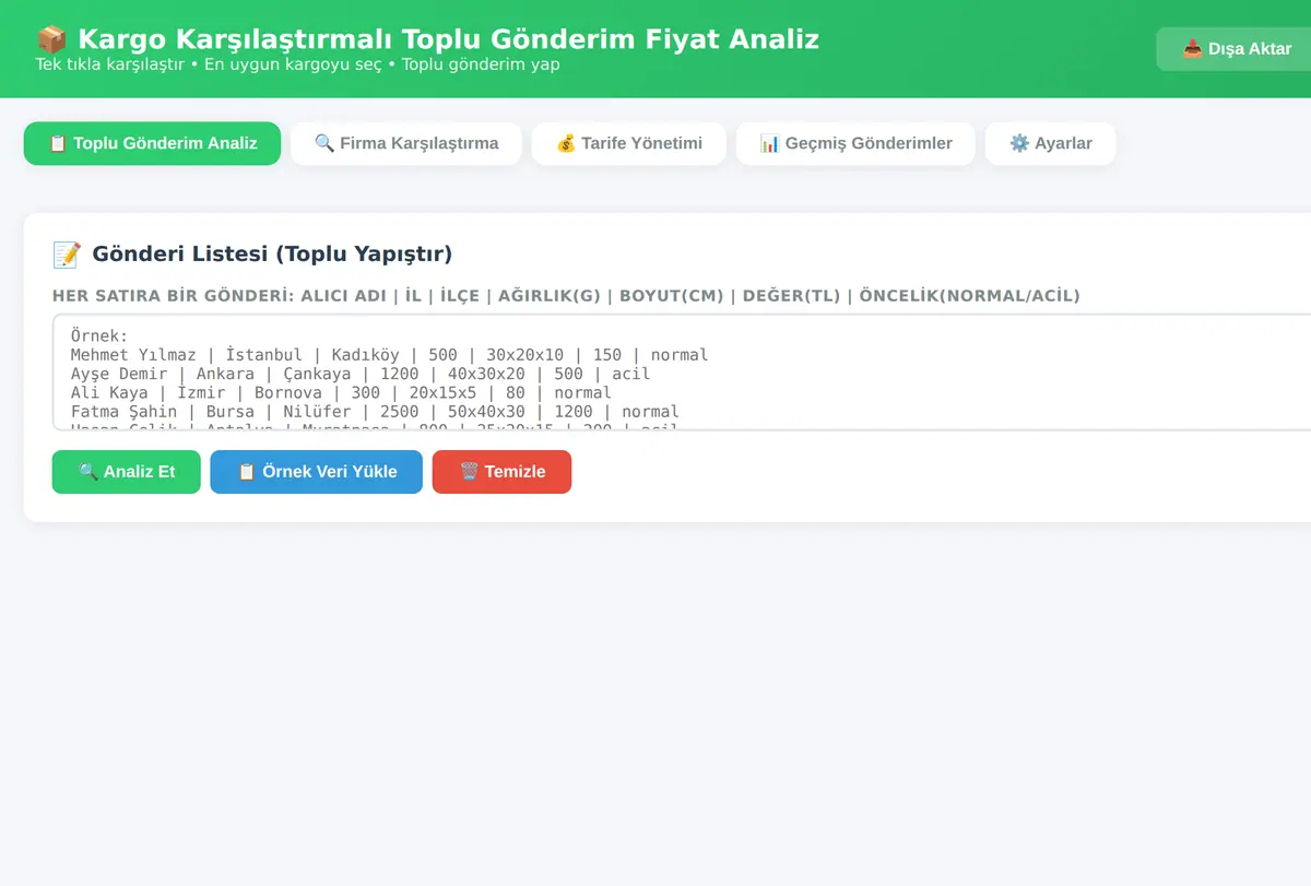 Kargo Karşılaştırmalı Toplu Gönderim Fiyat Analiz ekran görüntüsü