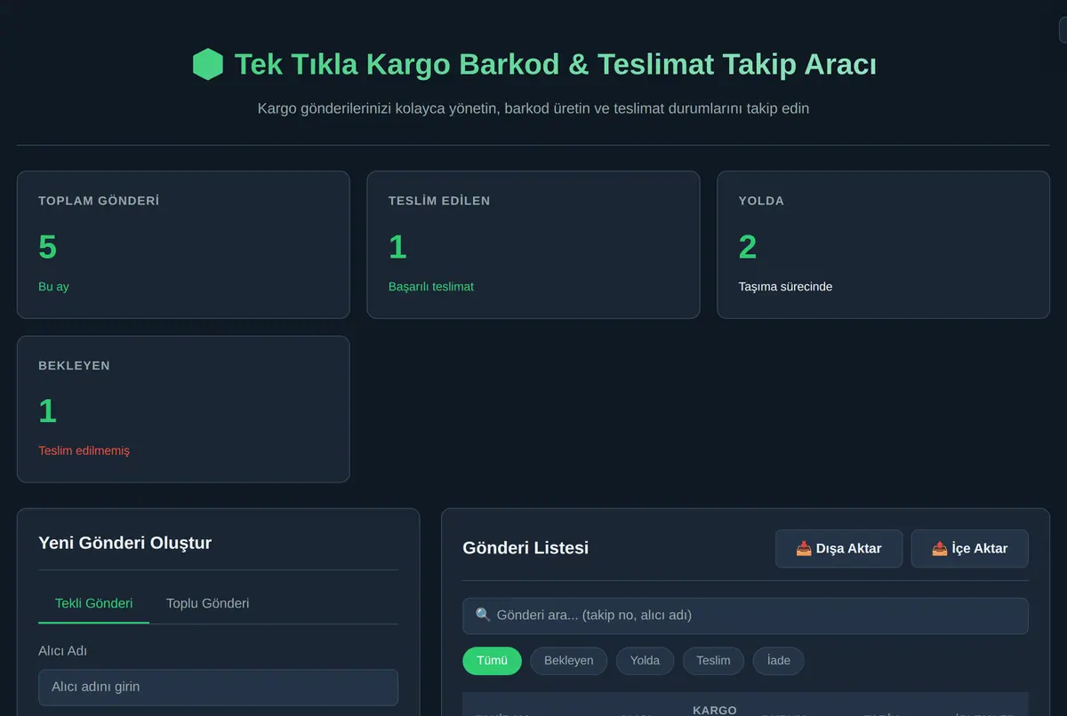 Tek Tıkla Kargo Barkod & Teslimat Takip Aracı ekran görüntüsü 2