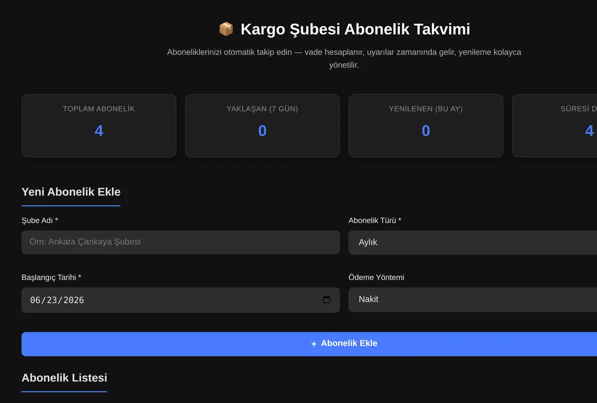 Kargo Şubesi Abonelik Takvimi ekran görüntüsü