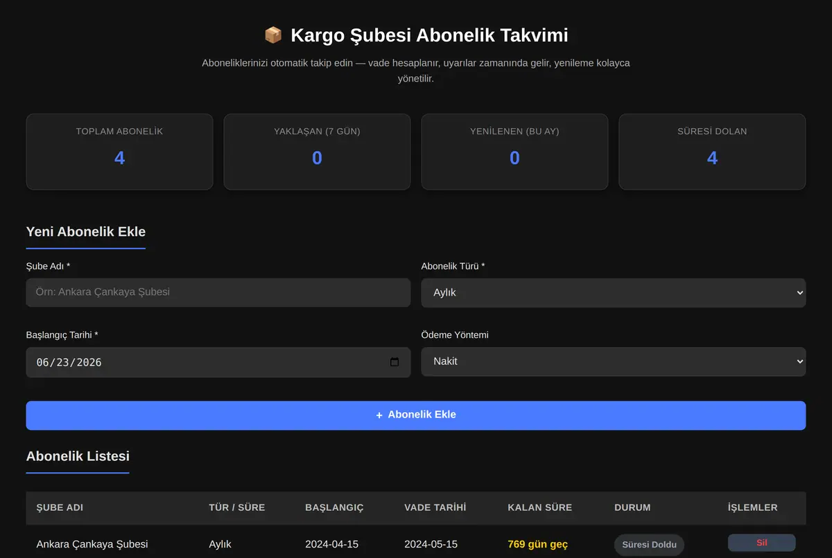 Kargo Şubesi Abonelik Takvimi ekran görüntüsü 2