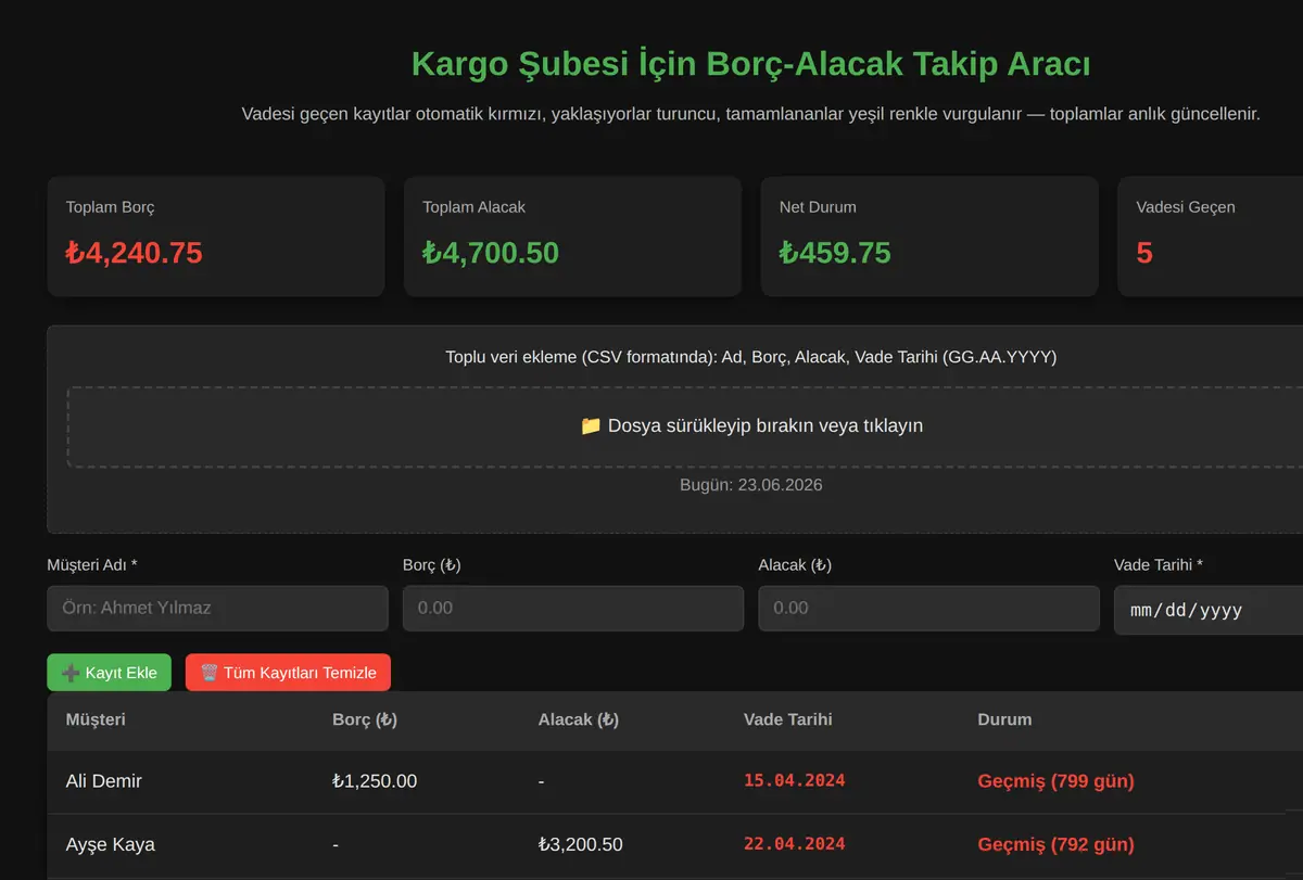 Kargo Şubesi İçin Borç-Alacak Takip Aracı ekran görüntüsü