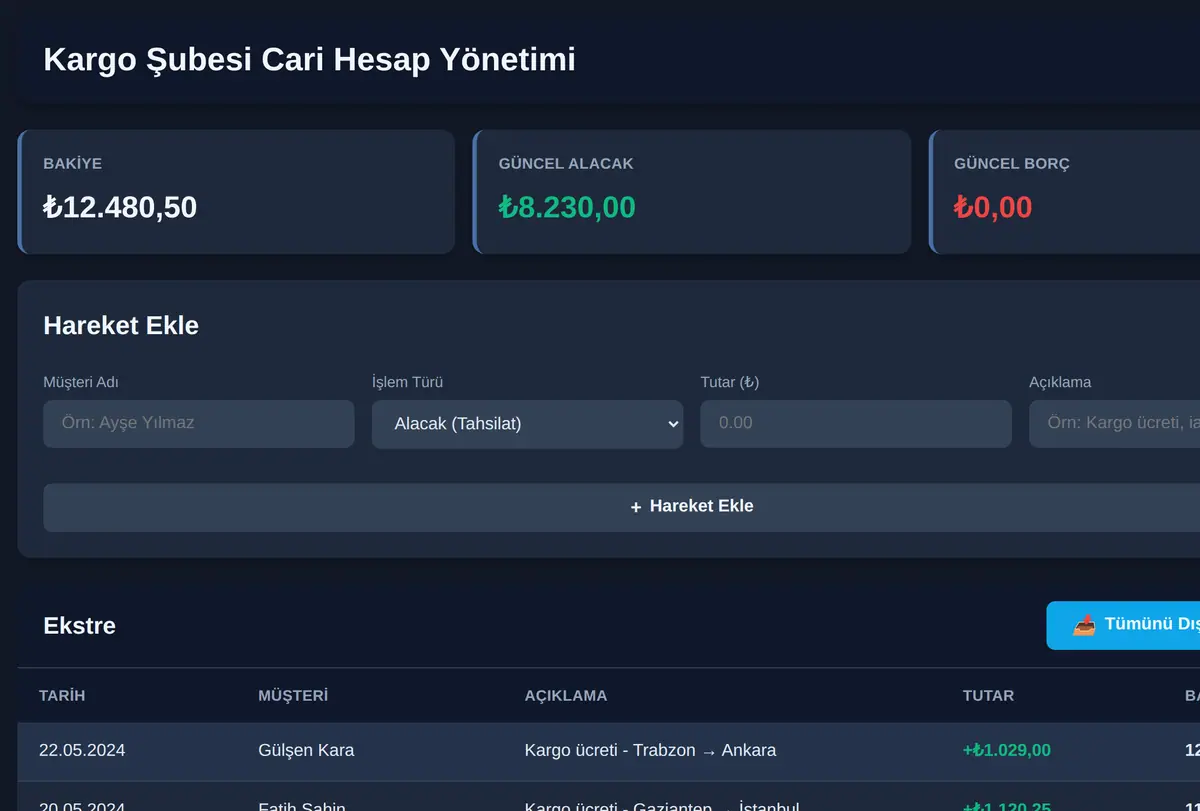 Kargo Şubesi Cari Hesap Yönetimi ekran görüntüsü