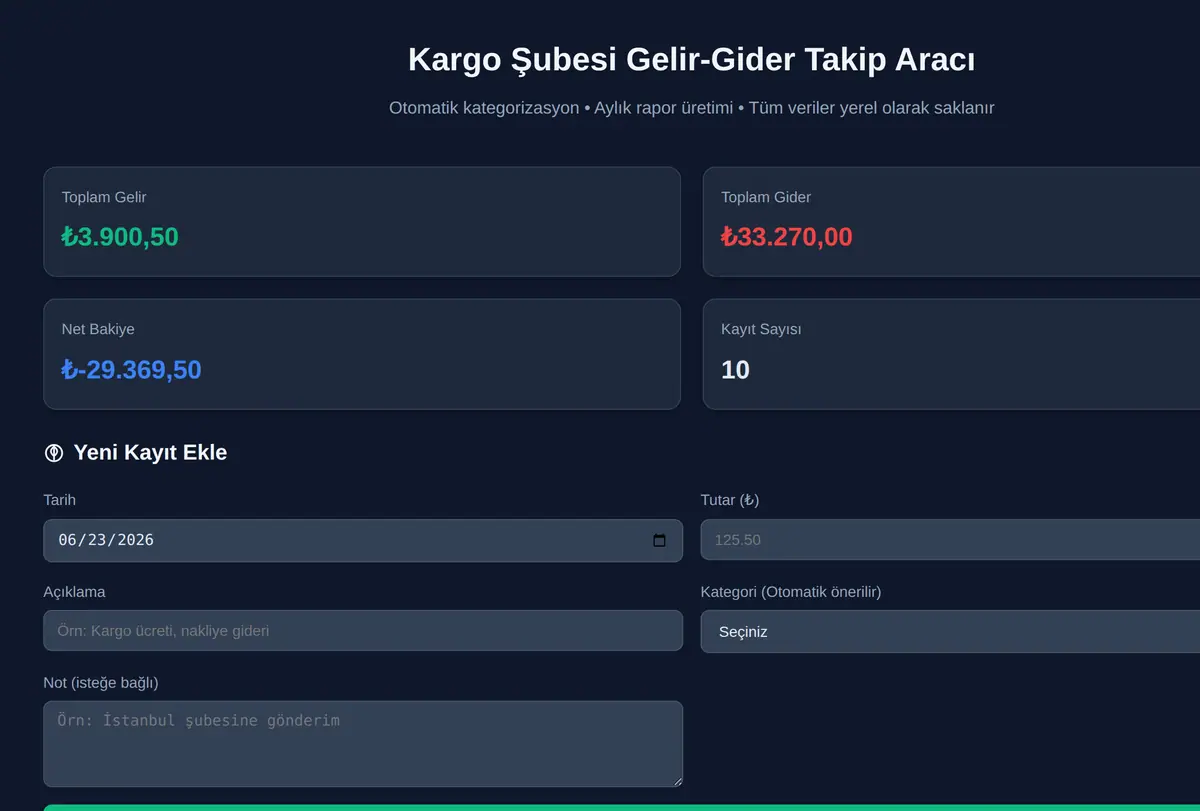 Kargo Şubesi Gelir-Gider Takip Aracı ekran görüntüsü
