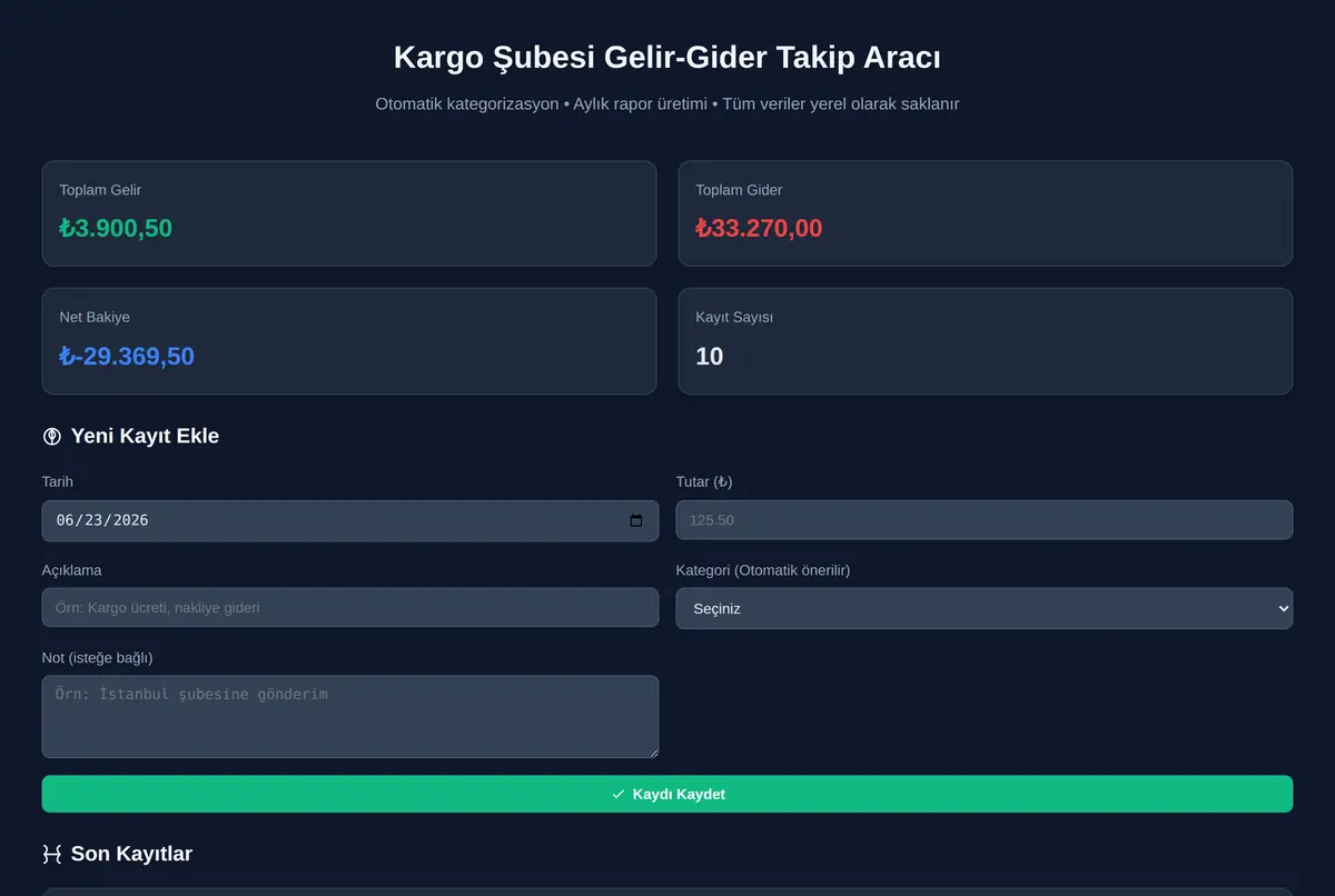 Kargo Şubesi Gelir-Gider Takip Aracı ekran görüntüsü 2