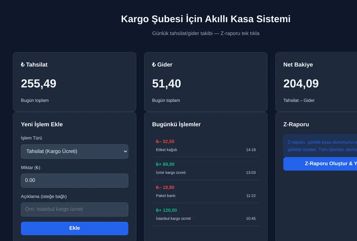 Kargo Şubesi İçin Akıllı Kasa Sistemi ekran görüntüsü