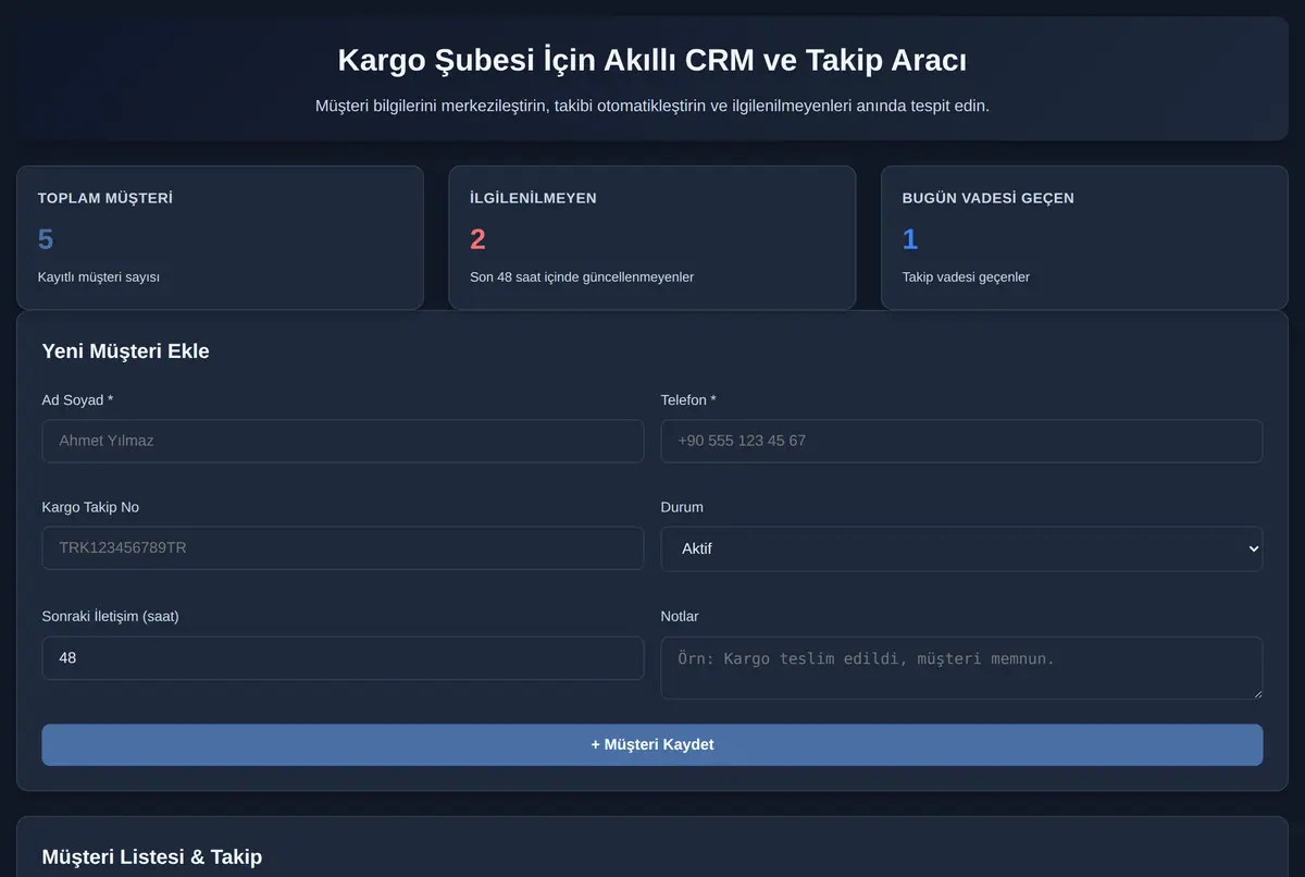 Kargo Şubesi İçin Akıllı CRM ve Takip Aracı ekran görüntüsü 2