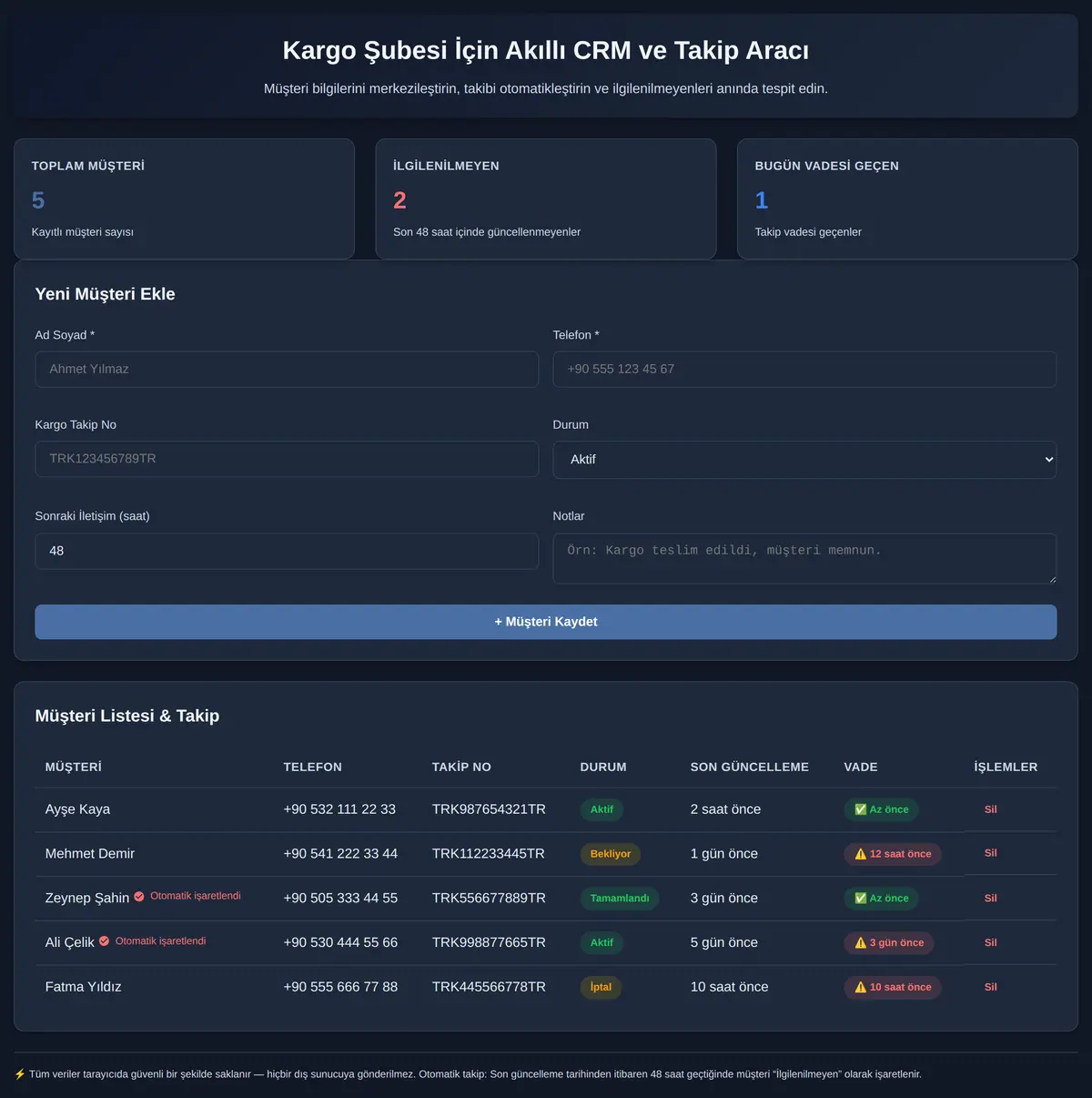 Kargo Şubesi İçin Akıllı CRM ve Takip Aracı ekran görüntüsü 3