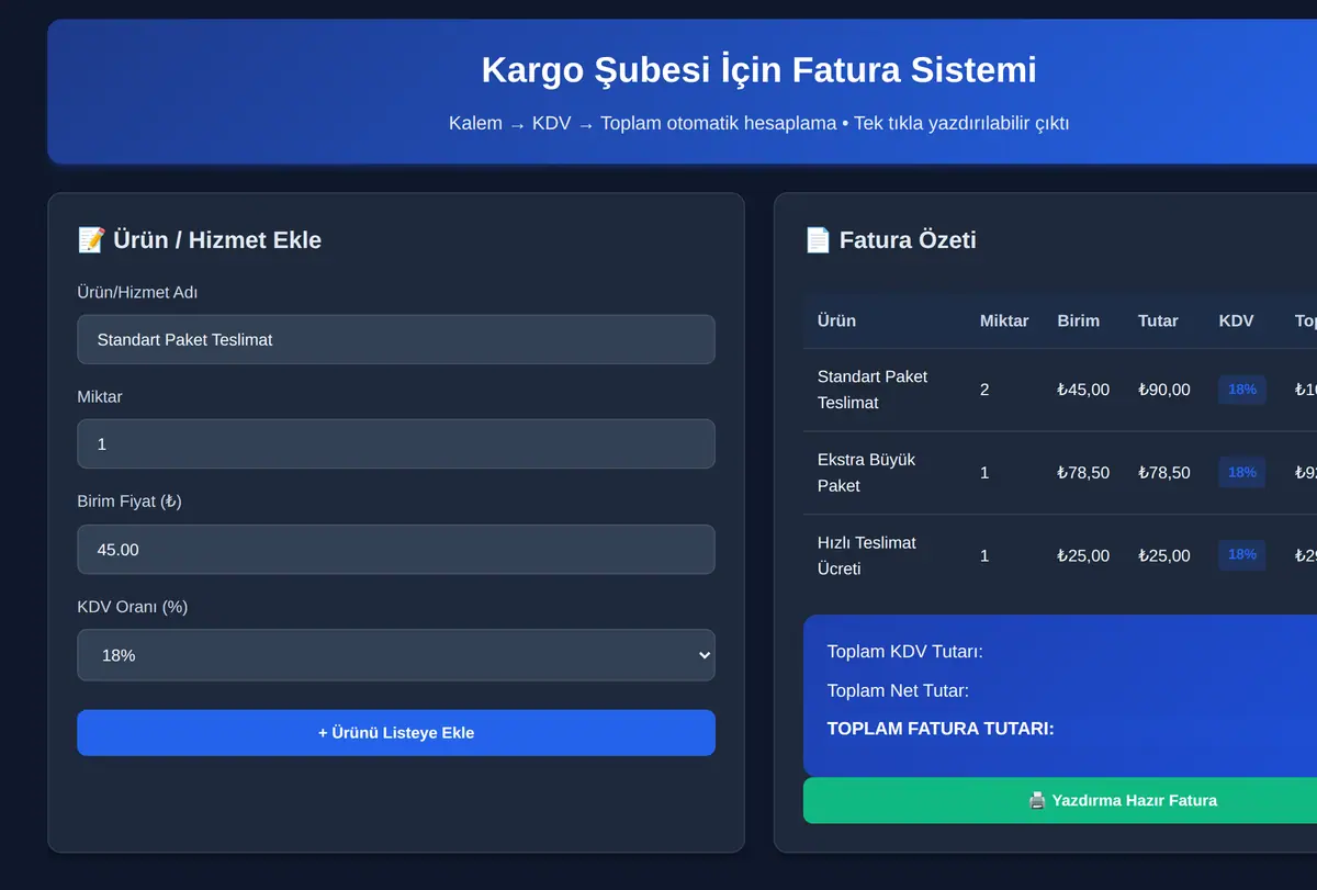 Kargo Şubesi İçin Fatura Sistemi ekran görüntüsü