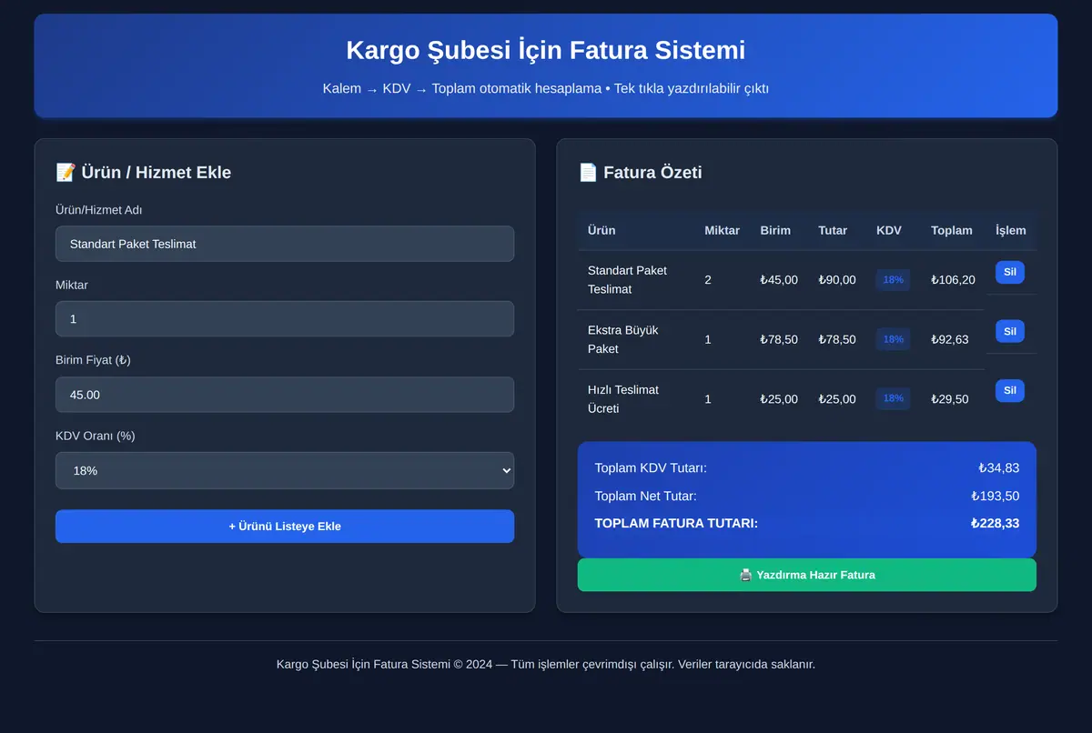 Kargo Şubesi İçin Fatura Sistemi ekran görüntüsü 3