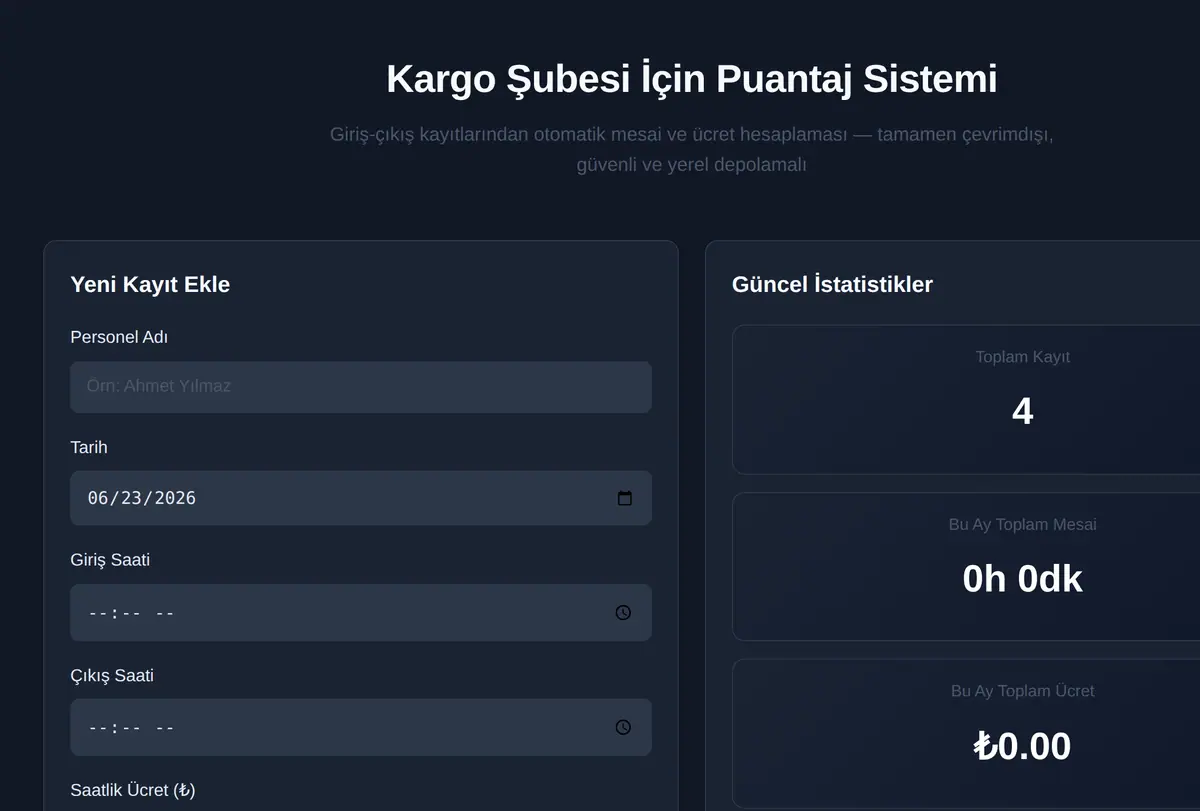 Kargo Şubesi İçin Puantaj Sistemi ekran görüntüsü