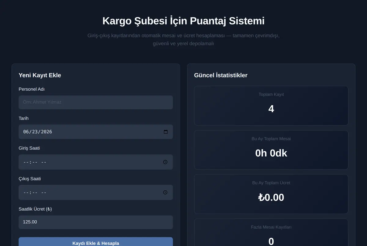 Kargo Şubesi İçin Puantaj Sistemi ekran görüntüsü 2