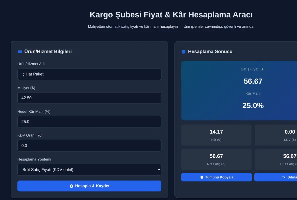 Kargo Şubesi Fiyat & Kâr Hesaplama Aracı ekran görüntüsü