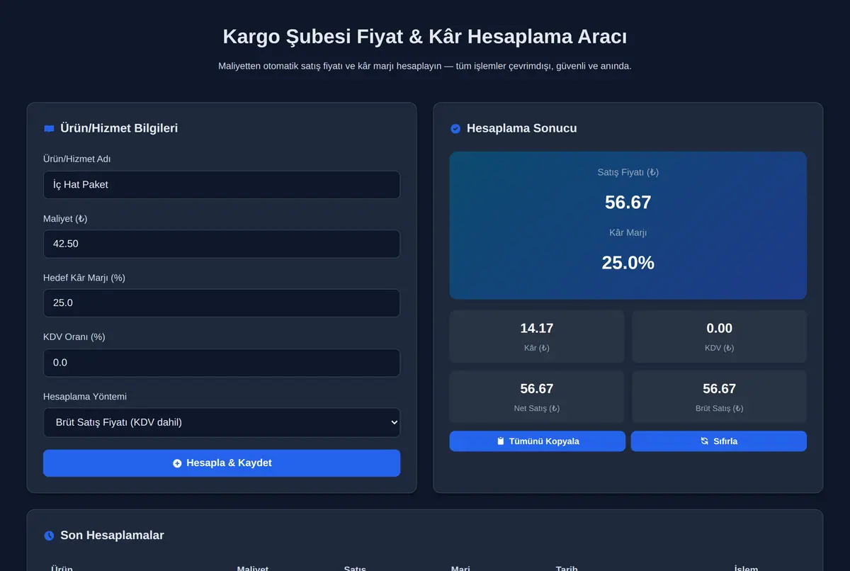 Kargo Şubesi Fiyat & Kâr Hesaplama Aracı ekran görüntüsü 2