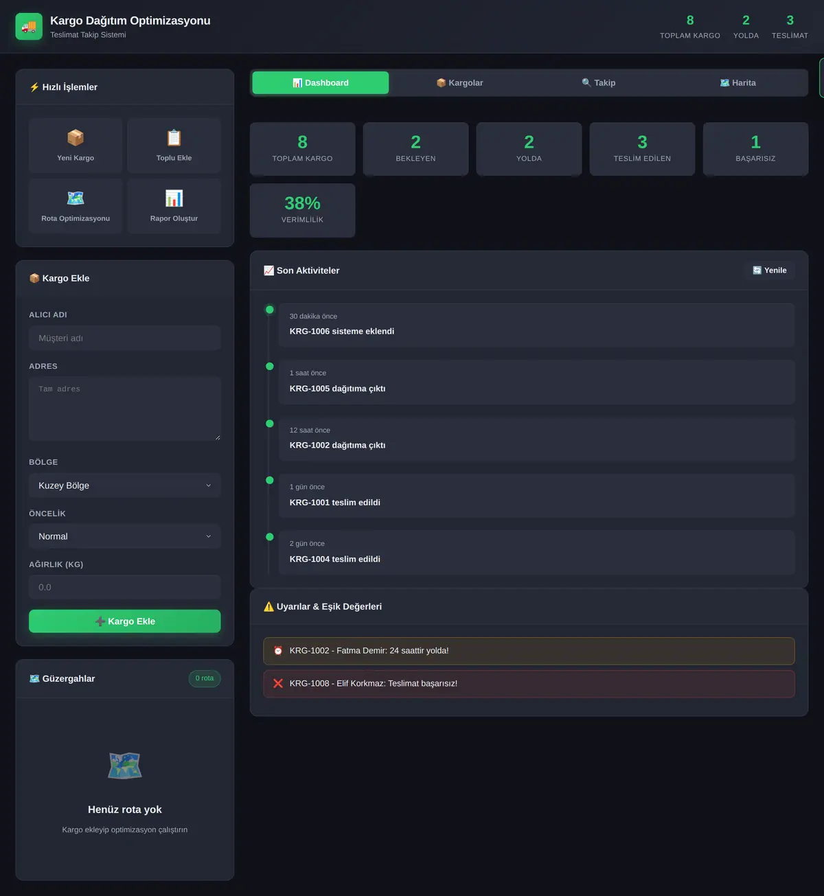 Kargo Dağıtım Optimizasyonu & Teslimat Takip ekran görüntüsü 3