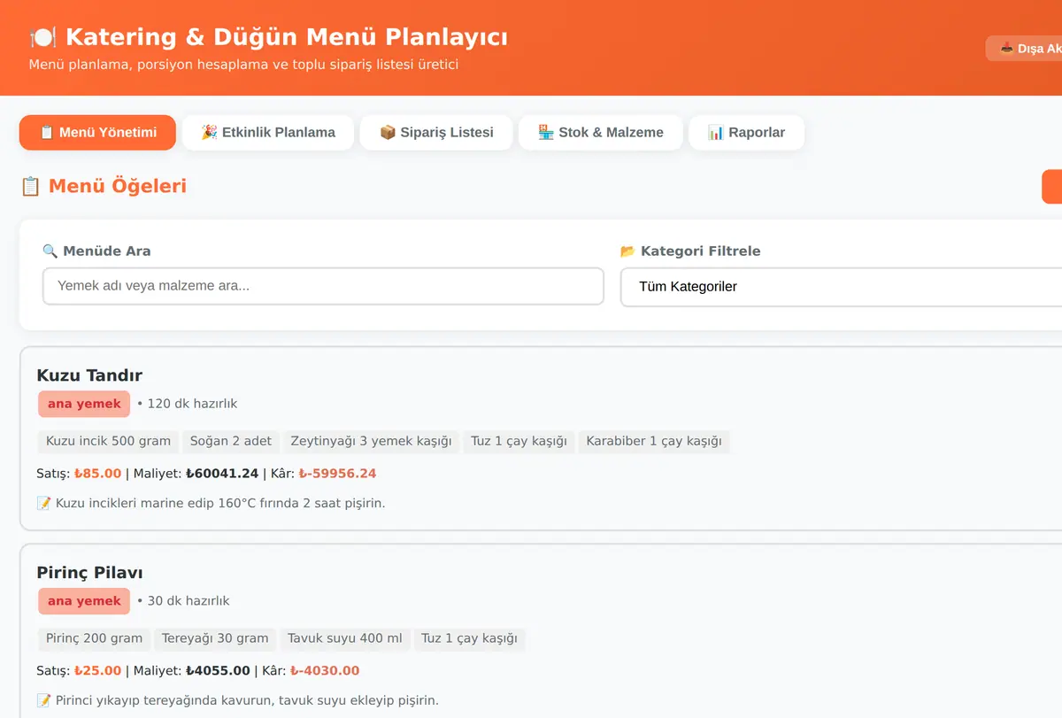 Katering & Düğün Menü Planlayıcı ekran görüntüsü