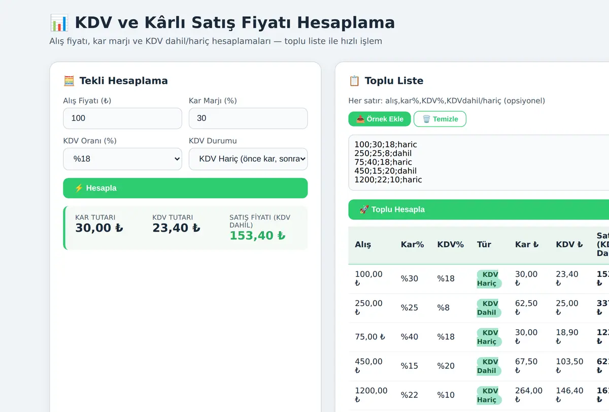 KDV ve Kârlı Satış Fiyatı Hesaplama ekran görüntüsü