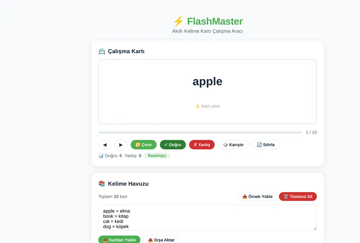 FlashMaster: Akıllı Kelime Kartı Çalışma Aracı ekran görüntüsü