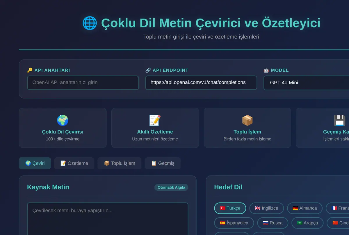 Çoklu Dil Metin Çevirici ve Özetleyici ekran görüntüsü