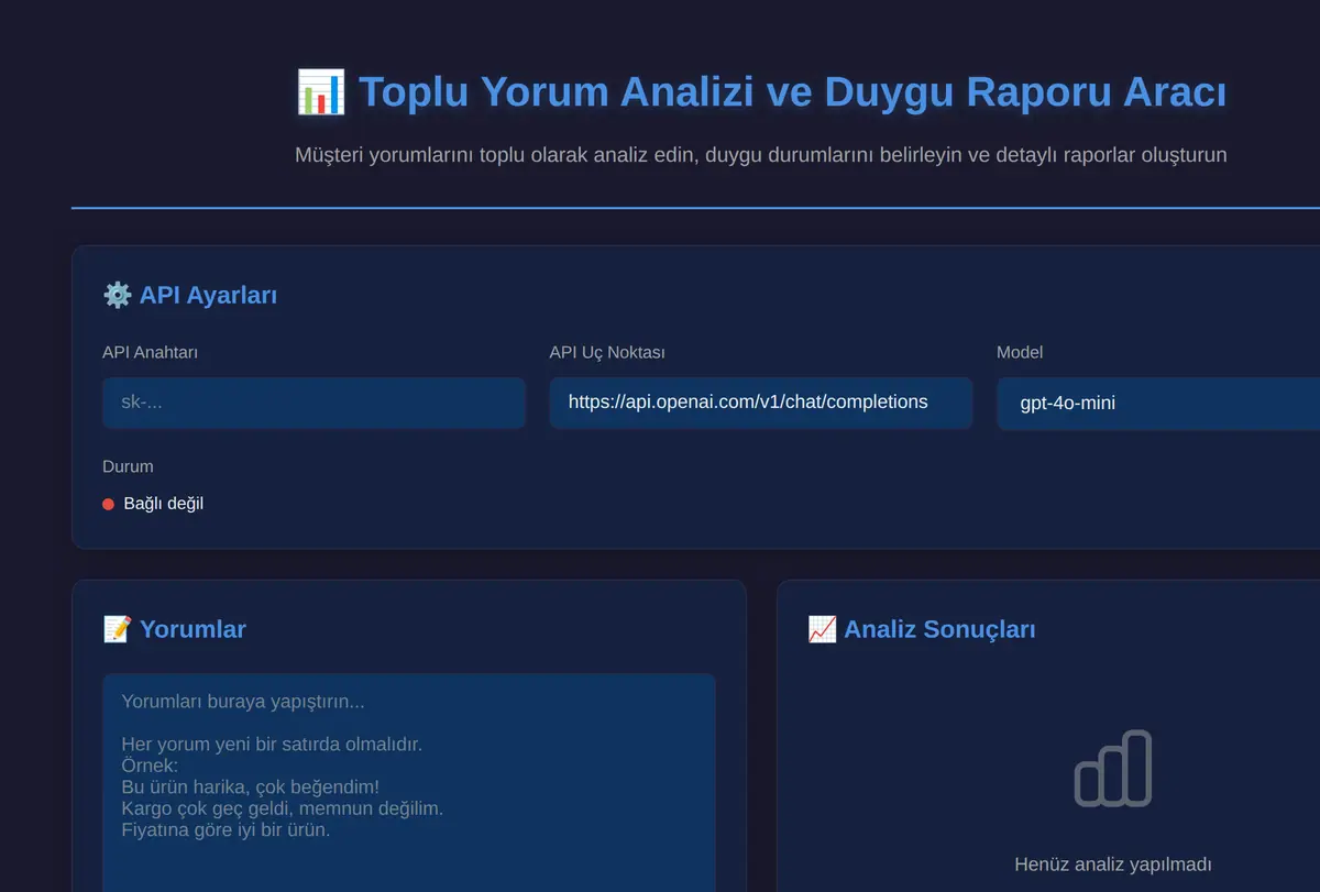 Toplu Yorum Analizi ve Duygu Raporu Aracı ekran görüntüsü