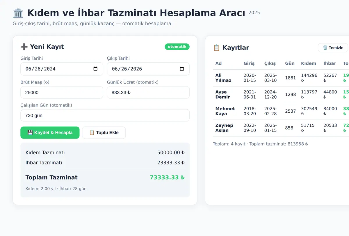 Kıdem ve İhbar Tazminatı Hesaplama Aracı ekran görüntüsü