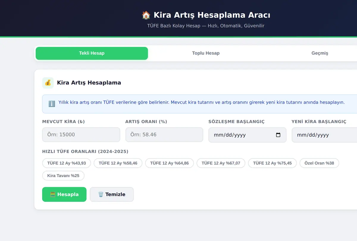 Kira Artış Hesaplama Aracı - TÜFE Bazlı Kolay Hesap ekran görüntüsü