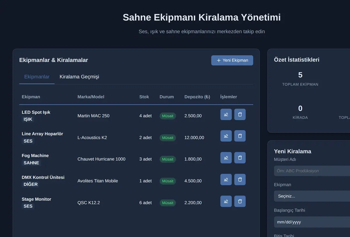 Sahne Ekipmanı Kiralama Yönetimi ekran görüntüsü