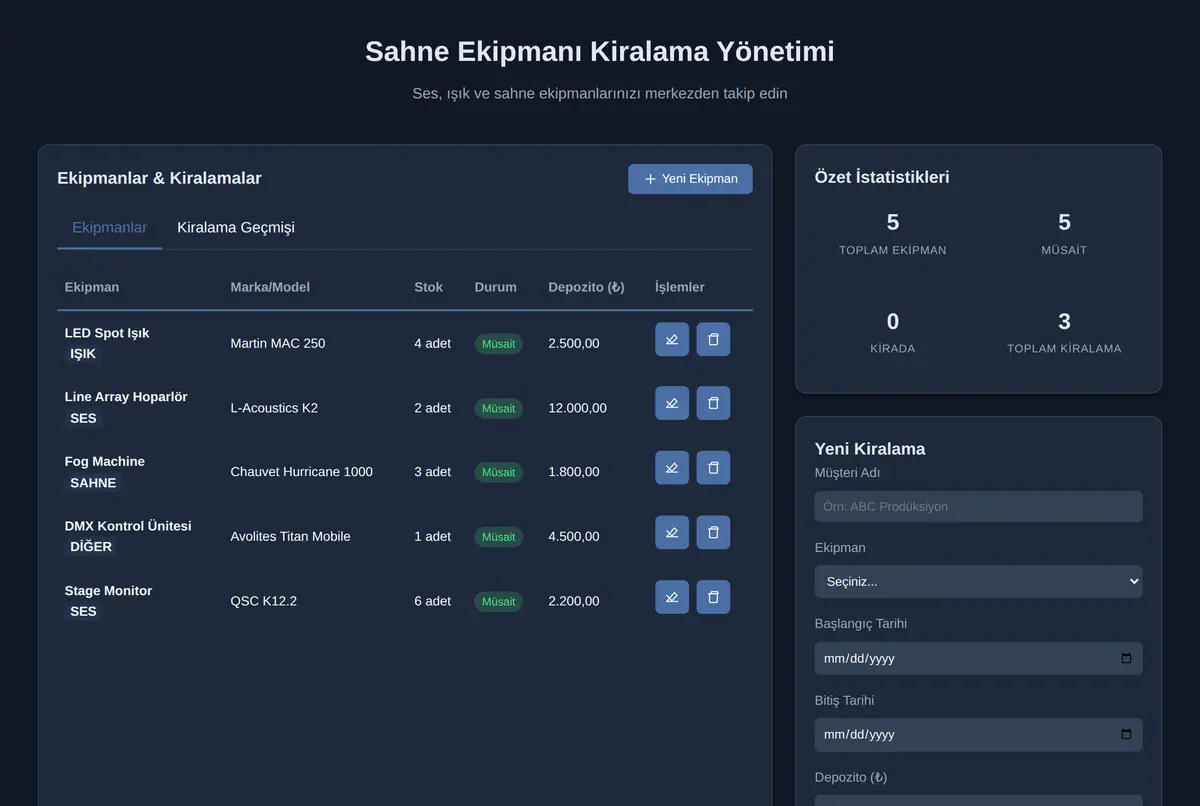 Sahne Ekipmanı Kiralama Yönetimi ekran görüntüsü 2