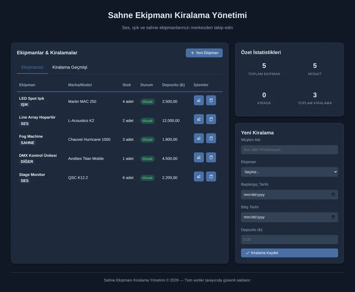 Sahne Ekipmanı Kiralama Yönetimi ekran görüntüsü 3
