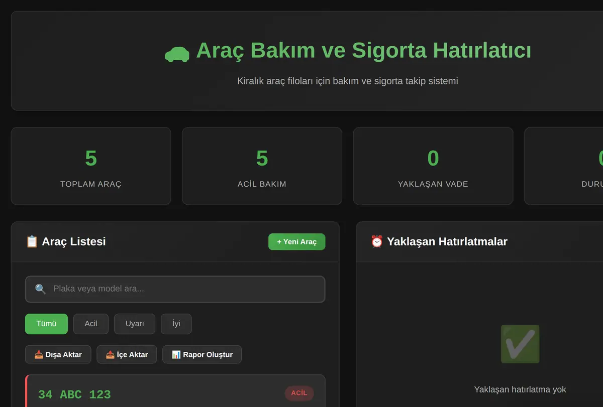 Araç Bakım ve Sigorta Hatırlatıcı ekran görüntüsü