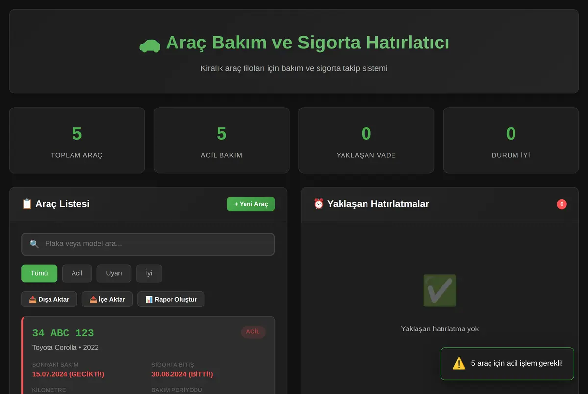 Araç Bakım ve Sigorta Hatırlatıcı ekran görüntüsü 2