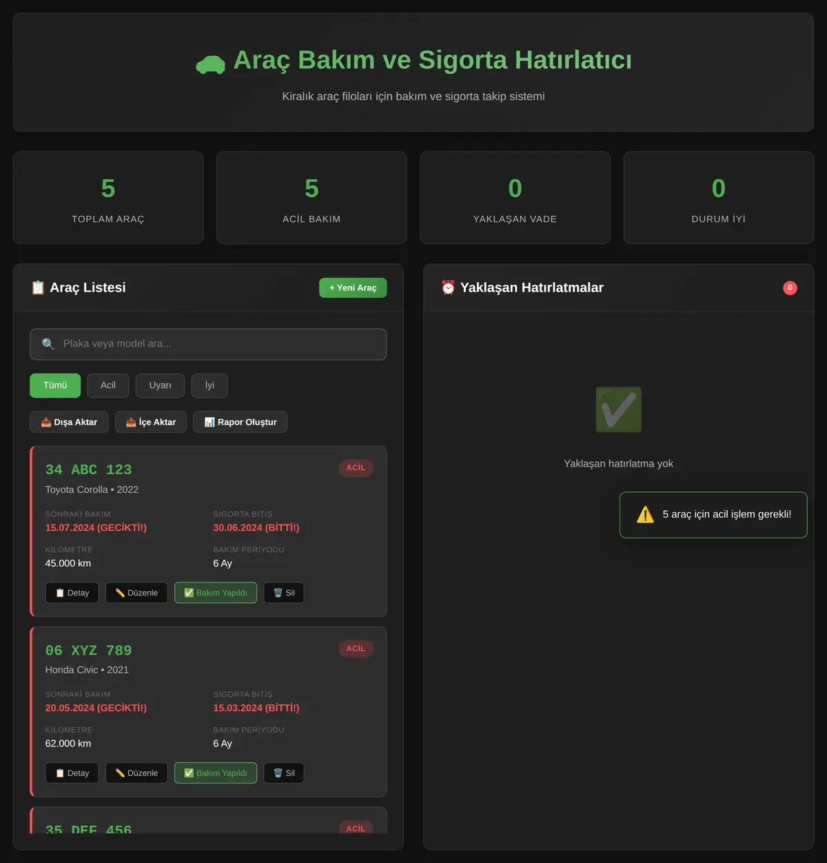 Araç Bakım ve Sigorta Hatırlatıcı ekran görüntüsü 3