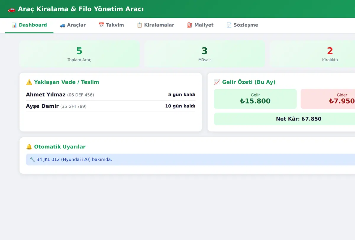 Araç Kiralama & Filo Yönetim Aracı ekran görüntüsü