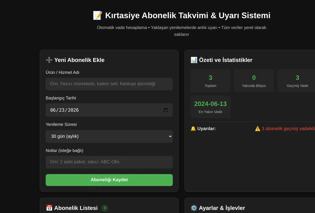 Kırtasiye Abonelik Takvimi & Uyarı Sistemi ekran görüntüsü