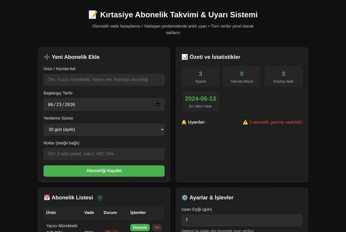 Kırtasiye Abonelik Takvimi & Uyarı Sistemi ekran görüntüsü 2