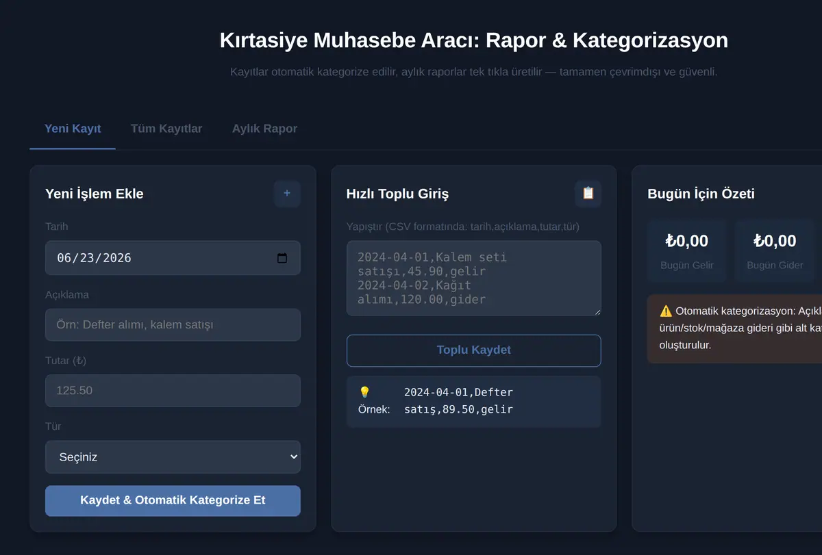 Kırtasiye Muhasebe Aracı: Rapor & Kategorizasyon ekran görüntüsü