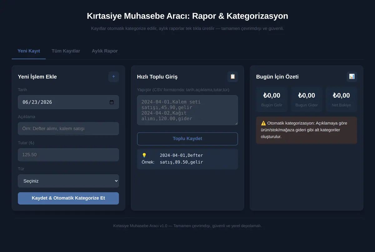 Kırtasiye Muhasebe Aracı: Rapor & Kategorizasyon ekran görüntüsü 2