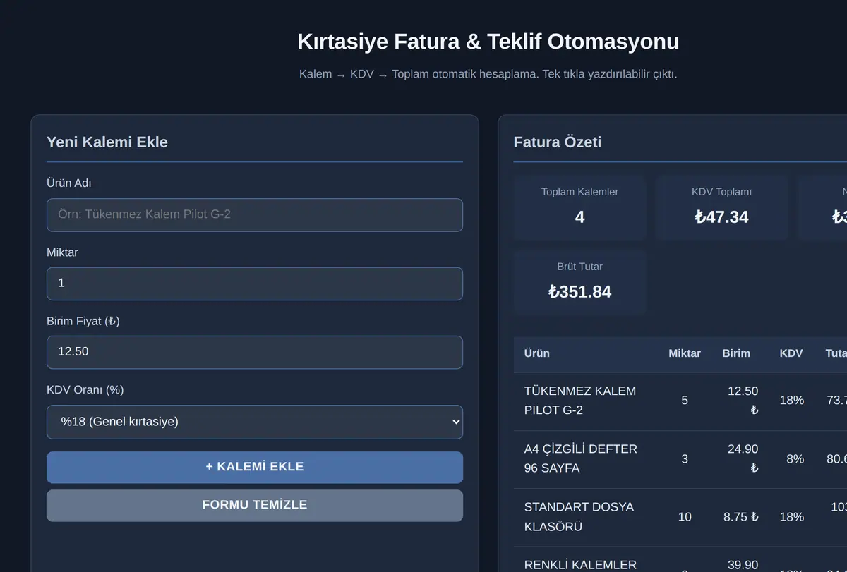 Kırtasiye Fatura & Teklif Otomasyonu ekran görüntüsü