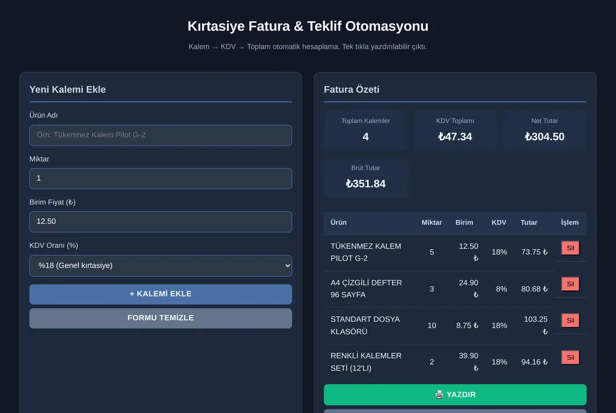 Kırtasiye Fatura & Teklif Otomasyonu ekran görüntüsü 2