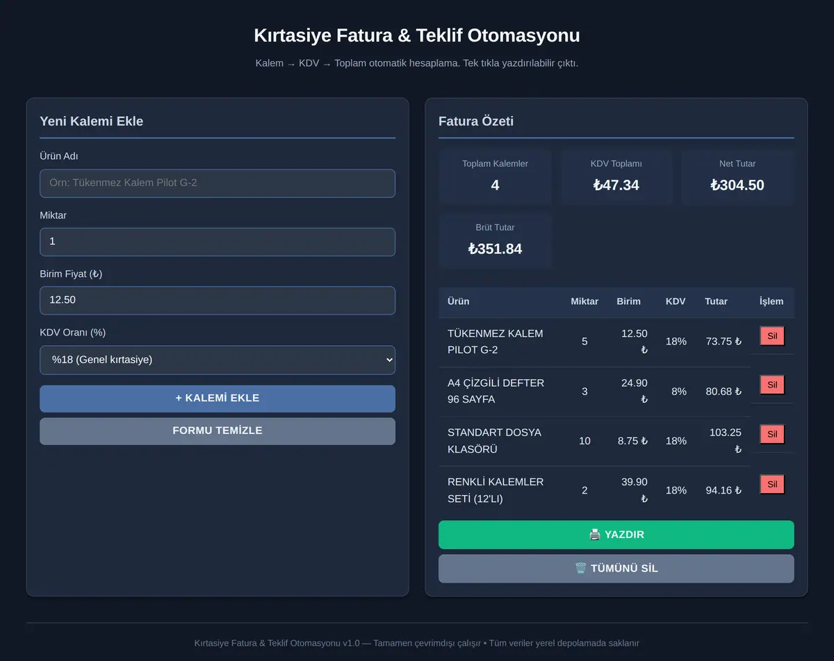 Kırtasiye Fatura & Teklif Otomasyonu ekran görüntüsü 3