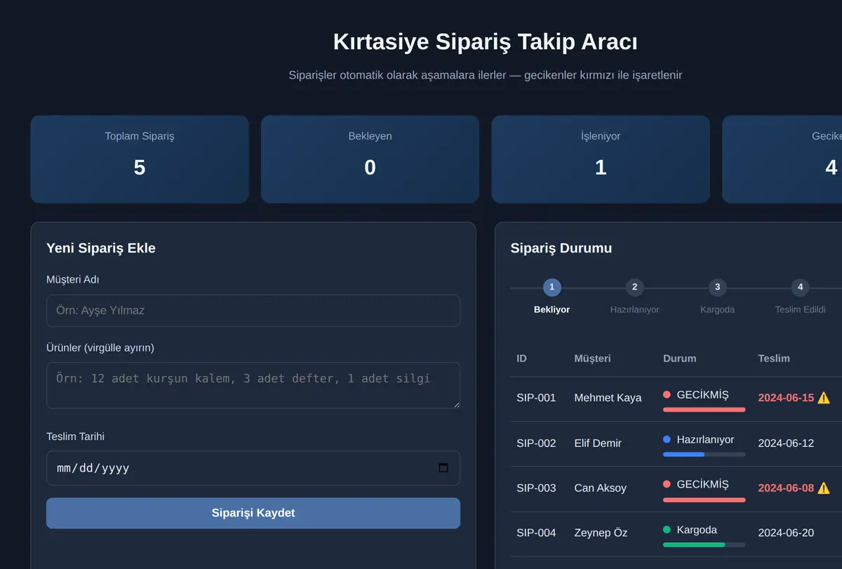 Kırtasiye Sipariş Takip Aracı ekran görüntüsü