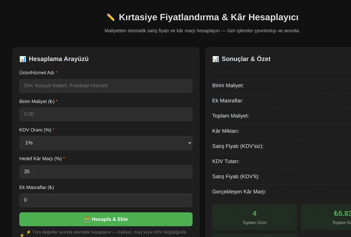 Kırtasiye Fiyatlandırma & Kâr Hesaplayıcı ekran görüntüsü