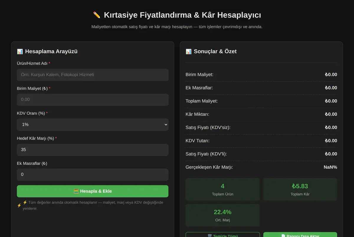 Kırtasiye Fiyatlandırma & Kâr Hesaplayıcı ekran görüntüsü 2