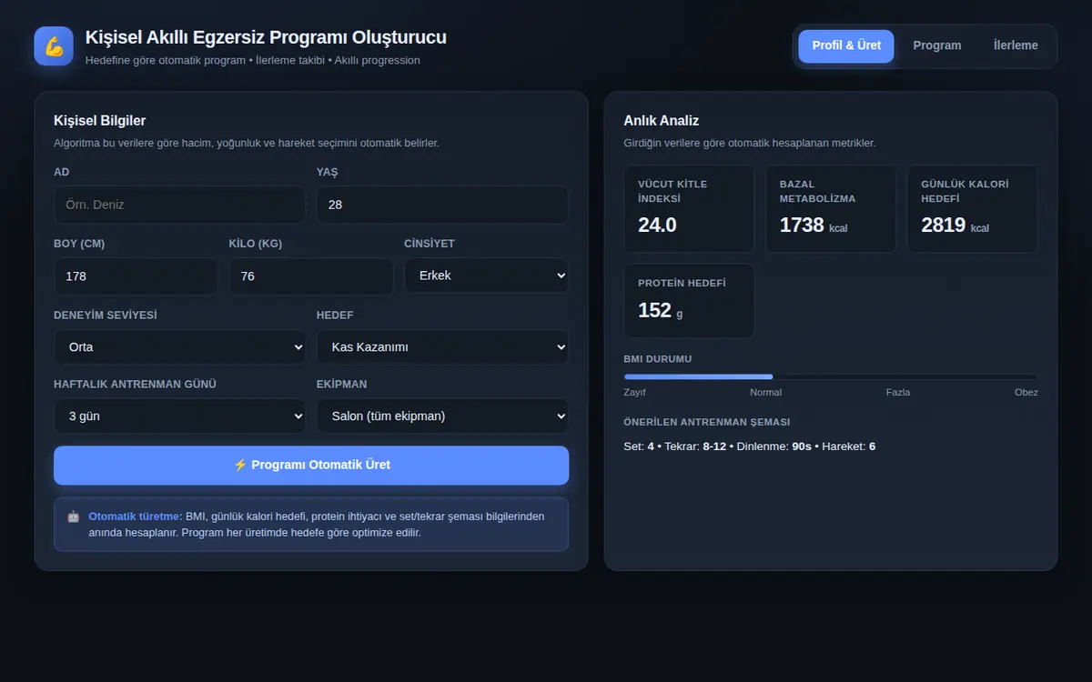 Kişisel Akıllı Egzersiz Programı Oluşturucu ekran görüntüsü