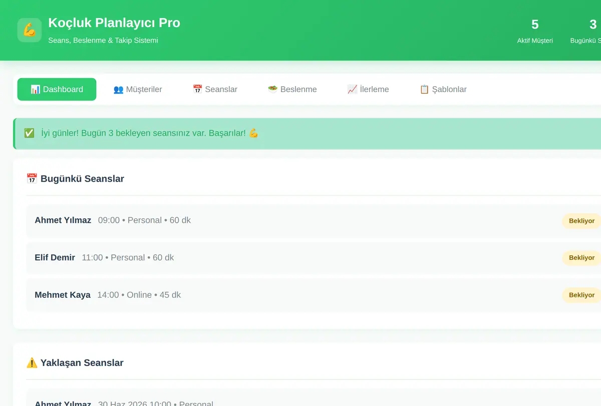 Koçluk Planlayıcı Pro - Seans, Beslenme & Takip ekran görüntüsü
