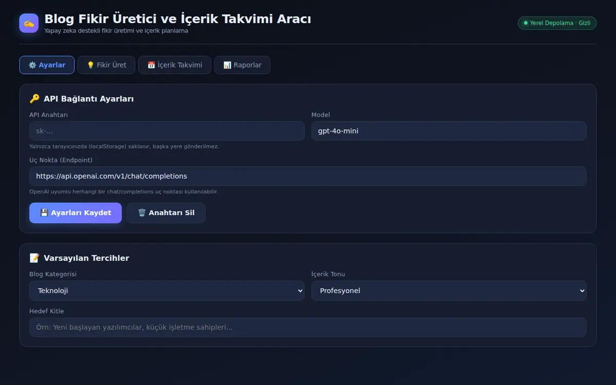 Kişisel Blog Fikir Üretici ve İçerik Takvimi ekran görüntüsü