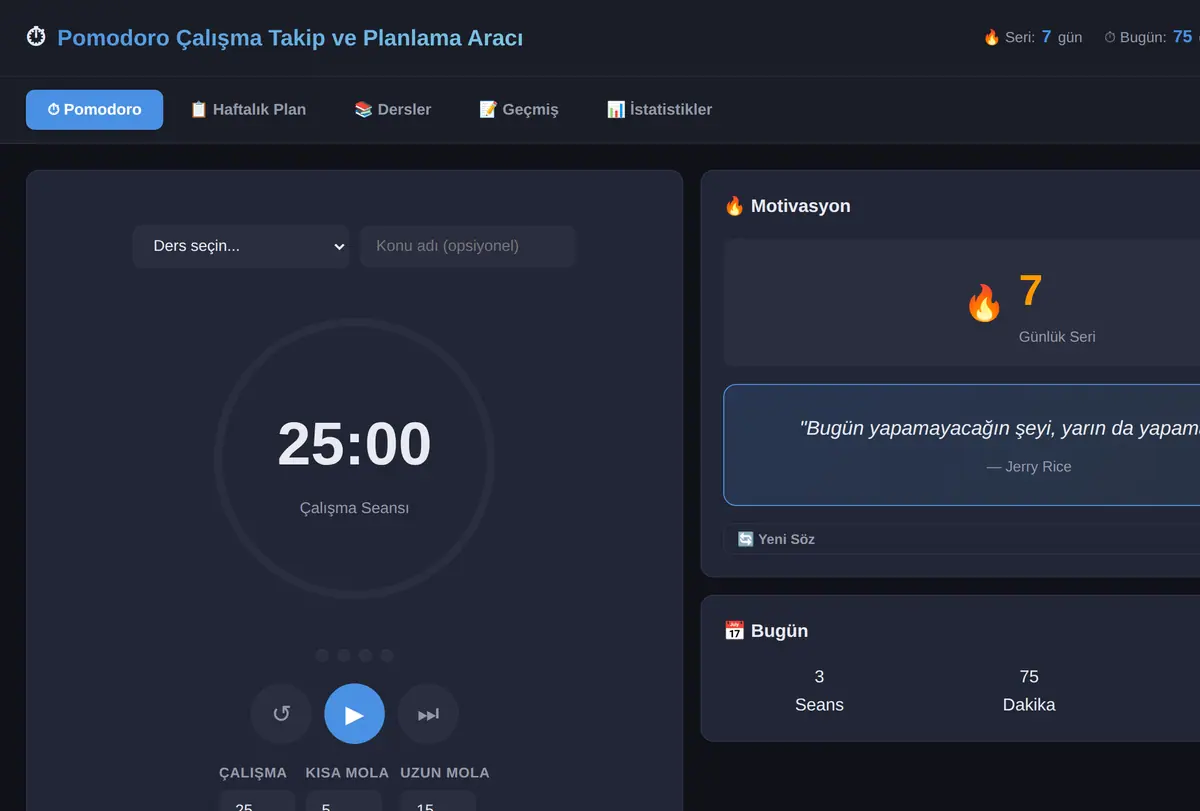 Pomodoro Çalışma Takip ve Planlama Aracı ekran görüntüsü