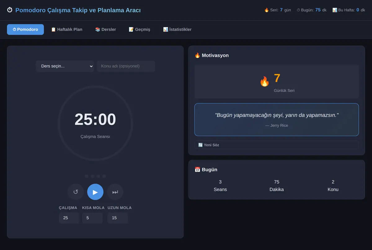 Pomodoro Çalışma Takip ve Planlama Aracı ekran görüntüsü 2