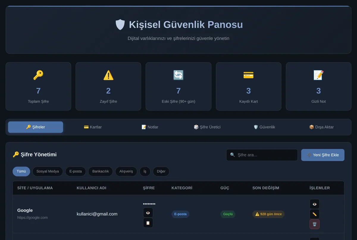 Kişisel Güvenlik Panosu - Dijital Varlık Yönetimi ekran görüntüsü 2